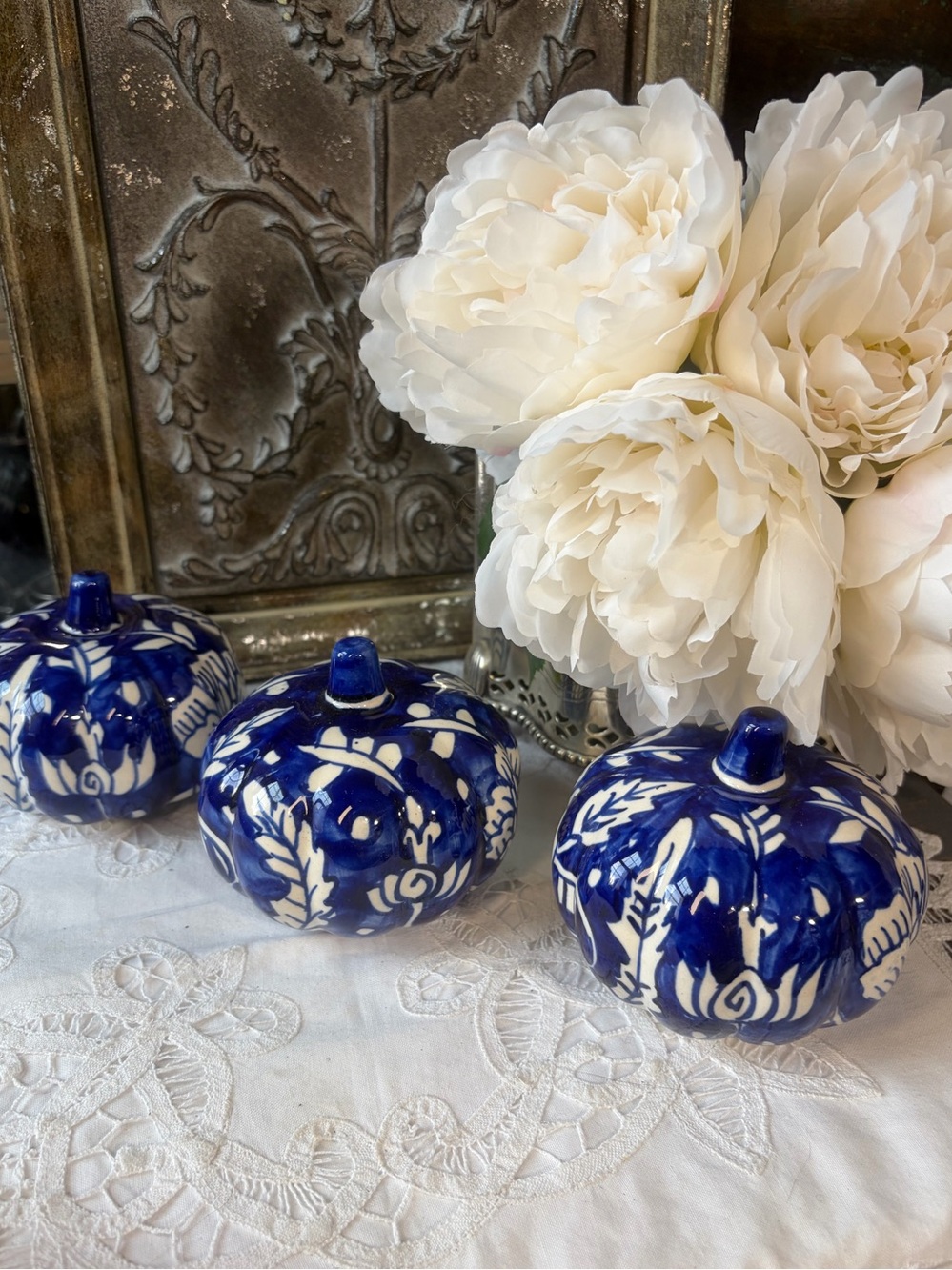 Martha Stewart Blue & White chinoiserie-style floral Ceramic Pumpkin set